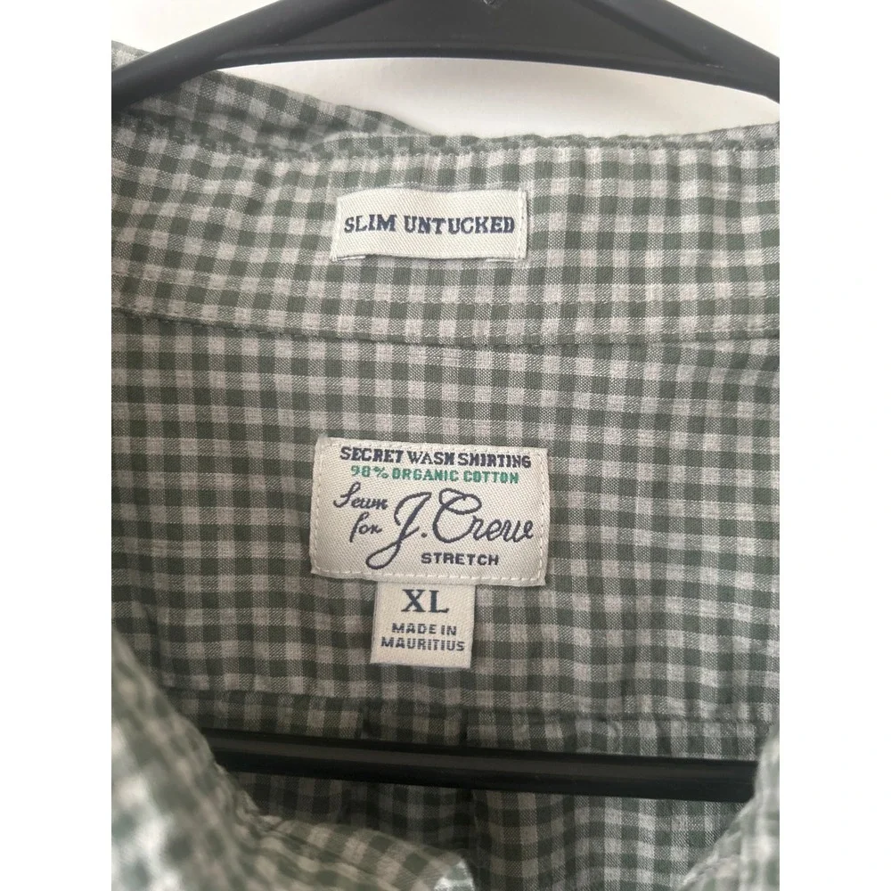 J. Crew Slim Untucked Secret Wash Shirt XL Green Gingham Organic Cotton Stretch